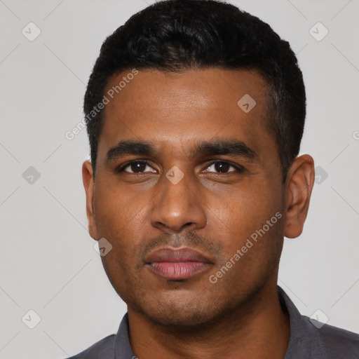 Neutral latino young-adult male with short  black hair and brown eyes