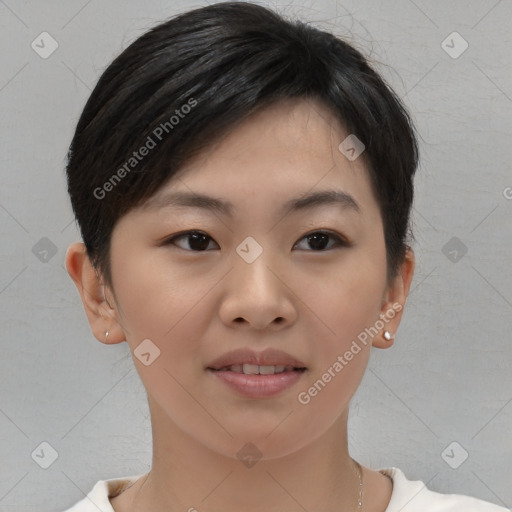 Joyful asian young-adult female with short  brown hair and brown eyes