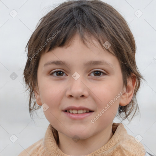 Joyful white child female with medium  brown hair and brown eyes