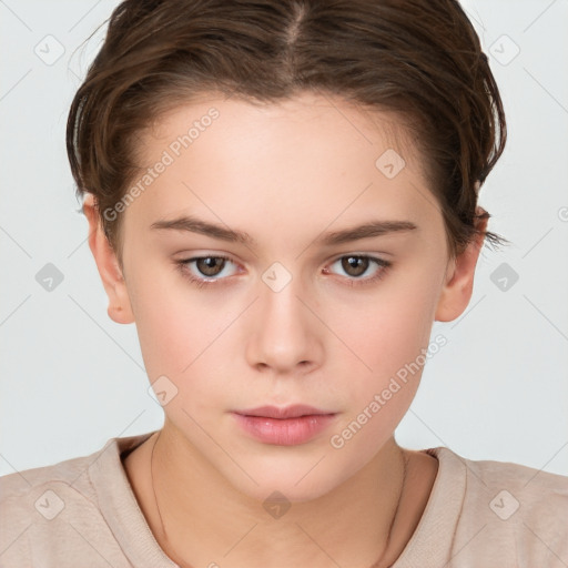 Neutral white young-adult female with short  brown hair and brown eyes