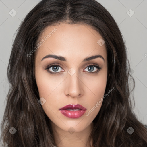 Neutral white young-adult female with long  brown hair and brown eyes