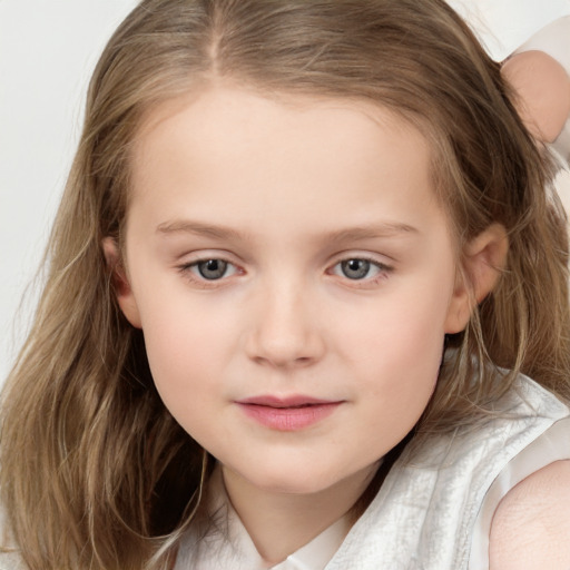 Neutral white child female with medium  brown hair and grey eyes