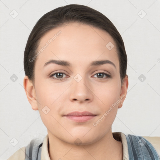 Neutral white young-adult female with short  brown hair and brown eyes