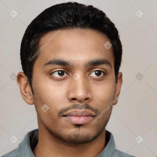Neutral latino young-adult male with short  black hair and brown eyes