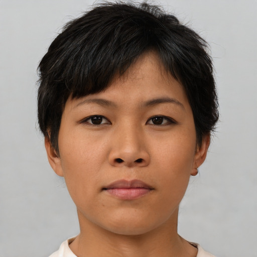 Neutral asian young-adult female with short  brown hair and brown eyes