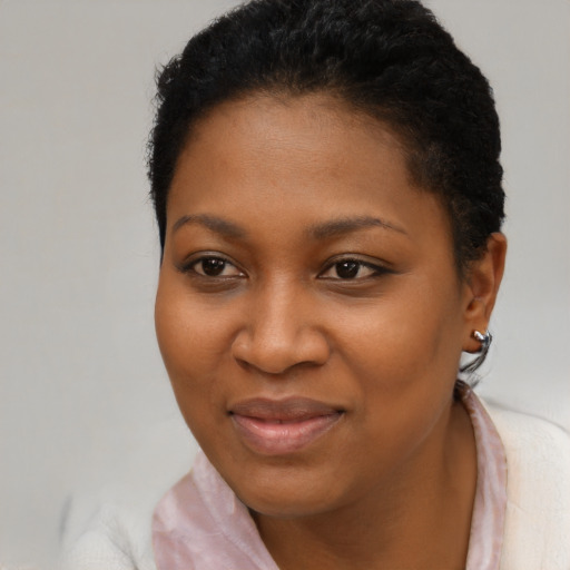 Joyful black young-adult female with short  black hair and brown eyes