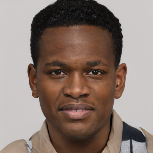 Joyful black young-adult male with short  brown hair and brown eyes
