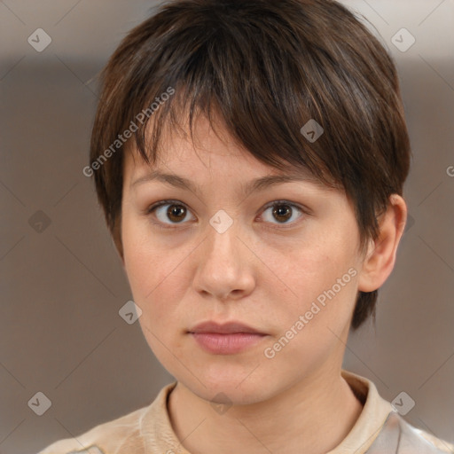 Neutral white young-adult female with medium  brown hair and brown eyes