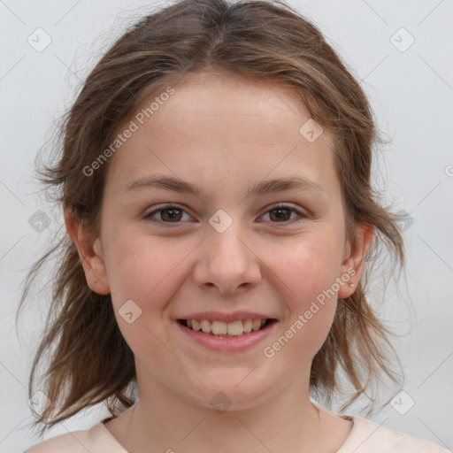 Joyful white child female with medium  brown hair and brown eyes