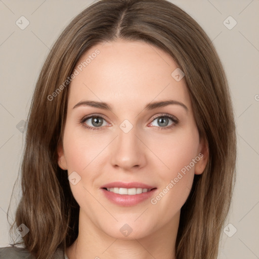 Joyful white young-adult female with medium  brown hair and green eyes