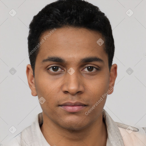 Neutral latino young-adult male with short  black hair and brown eyes