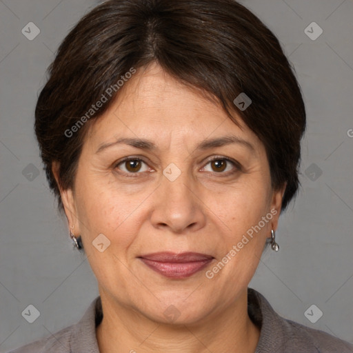 Joyful white adult female with medium  brown hair and brown eyes