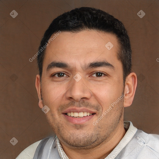 Joyful white young-adult male with short  black hair and brown eyes