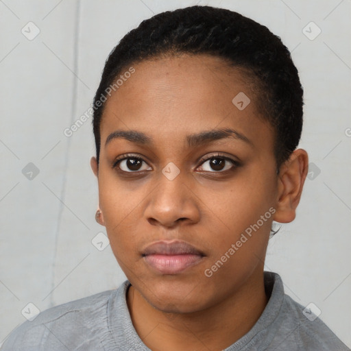 Neutral black young-adult female with short  black hair and brown eyes