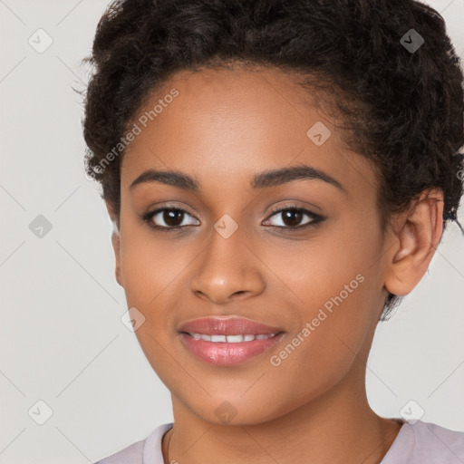 Joyful latino young-adult female with short  brown hair and brown eyes