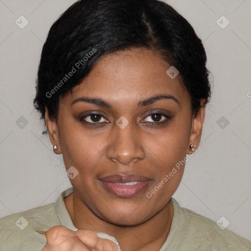 Joyful latino young-adult female with short  brown hair and brown eyes