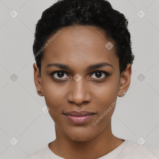 Joyful black young-adult female with short  black hair and brown eyes