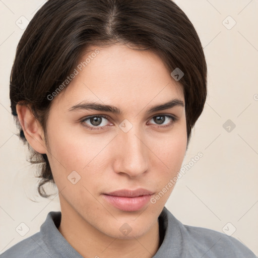 Neutral white young-adult female with medium  brown hair and brown eyes