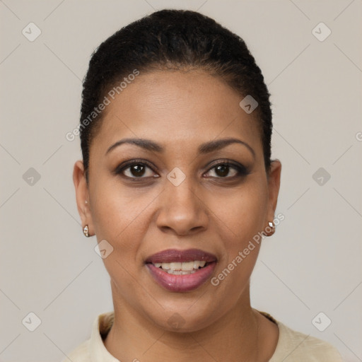 Joyful latino young-adult female with short  brown hair and brown eyes