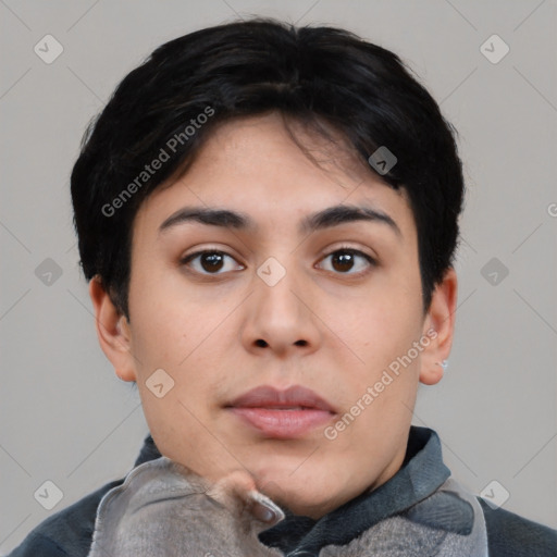 Neutral asian young-adult female with short  black hair and brown eyes