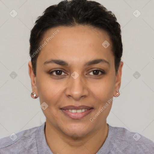 Joyful latino young-adult female with short  brown hair and brown eyes