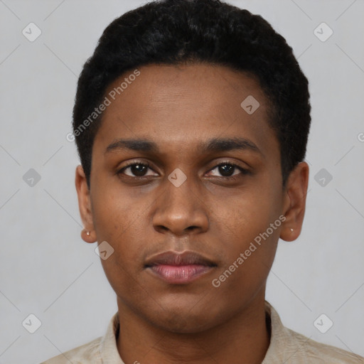 Neutral black young-adult male with short  black hair and brown eyes