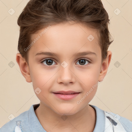 Joyful white child female with short  brown hair and brown eyes