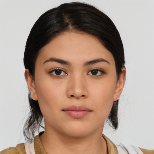 Neutral asian young-adult female with medium  brown hair and brown eyes