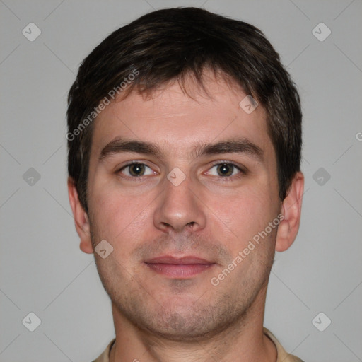 Neutral white young-adult male with short  brown hair and grey eyes