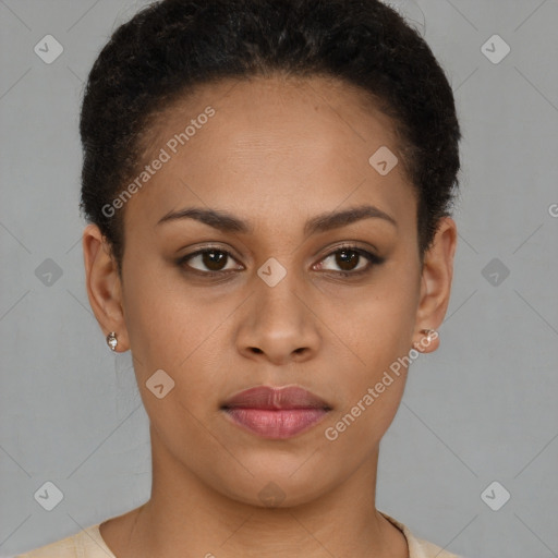 Neutral latino young-adult female with short  brown hair and brown eyes