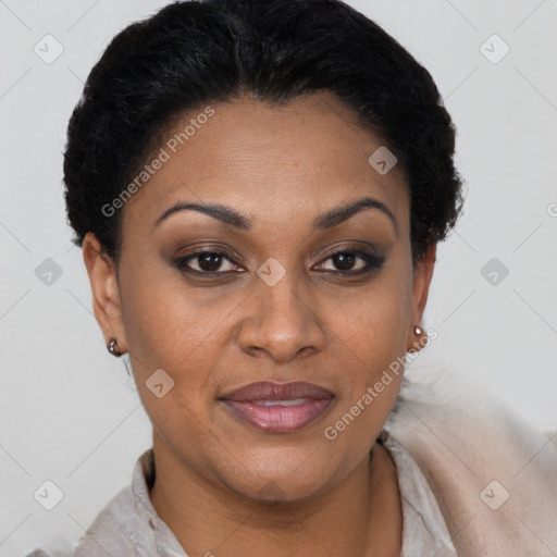 Joyful black adult female with short  brown hair and brown eyes