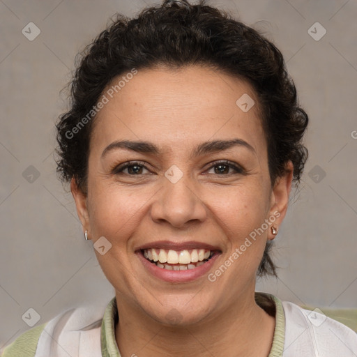 Joyful white adult female with short  brown hair and brown eyes