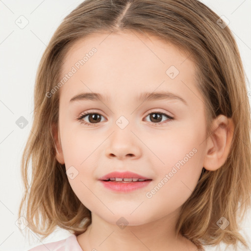 Joyful white child female with medium  brown hair and brown eyes