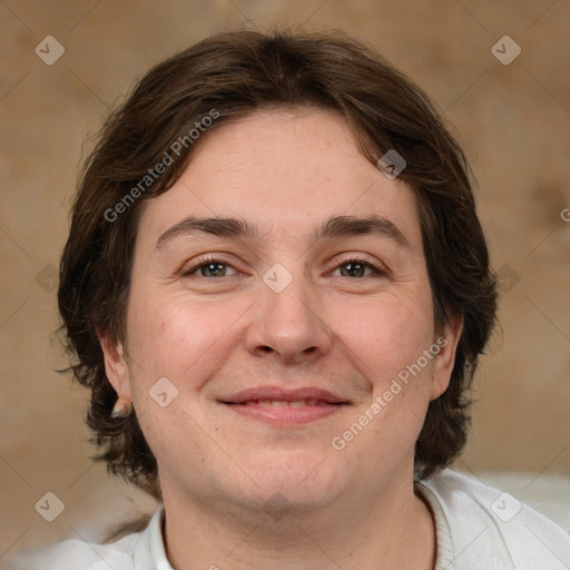 Joyful white young-adult male with medium  brown hair and brown eyes