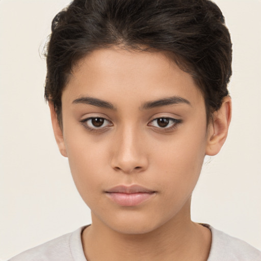 Neutral white young-adult female with short  brown hair and brown eyes