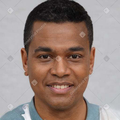 Joyful latino young-adult male with short  brown hair and brown eyes
