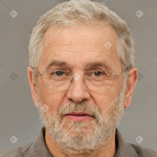 Neutral white middle-aged male with short  gray hair and brown eyes