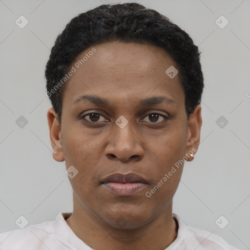Neutral black young-adult female with short  black hair and brown eyes