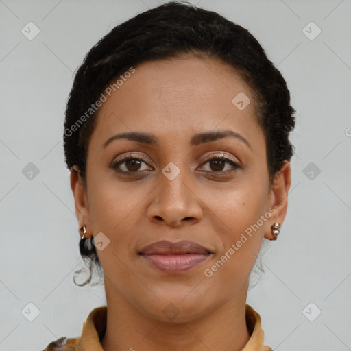Joyful latino young-adult female with short  brown hair and brown eyes