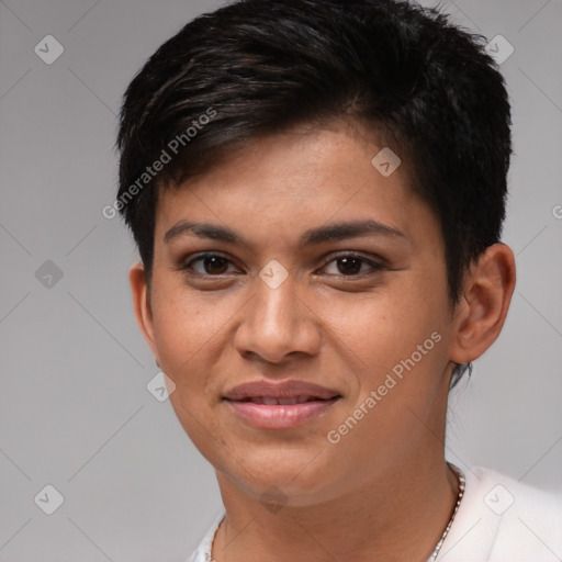 Joyful latino young-adult female with short  brown hair and brown eyes