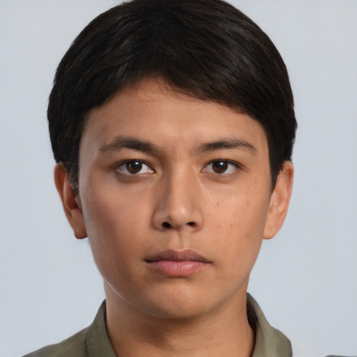 Neutral asian young-adult male with short  brown hair and brown eyes