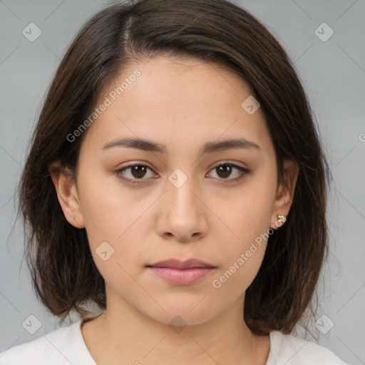 Neutral white young-adult female with medium  brown hair and brown eyes