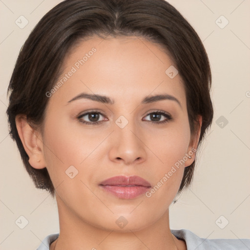 Neutral white young-adult female with medium  brown hair and brown eyes