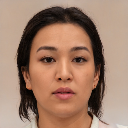 Neutral asian young-adult female with medium  brown hair and brown eyes
