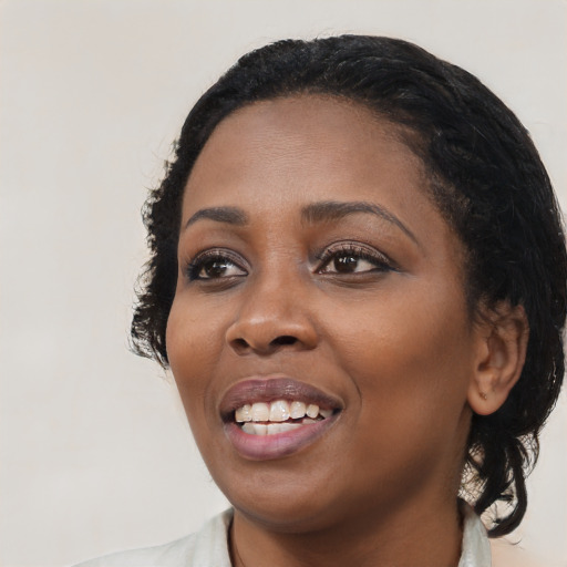 Joyful black young-adult female with medium  black hair and brown eyes