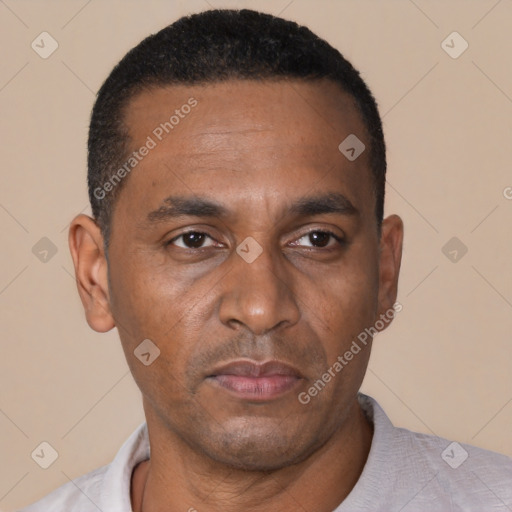 Neutral black young-adult male with short  black hair and brown eyes