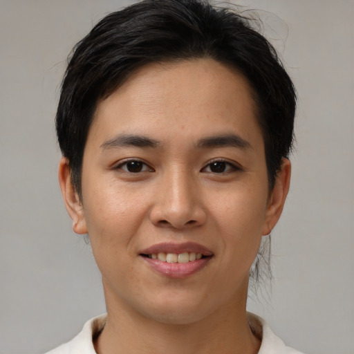 Joyful asian young-adult female with short  brown hair and brown eyes
