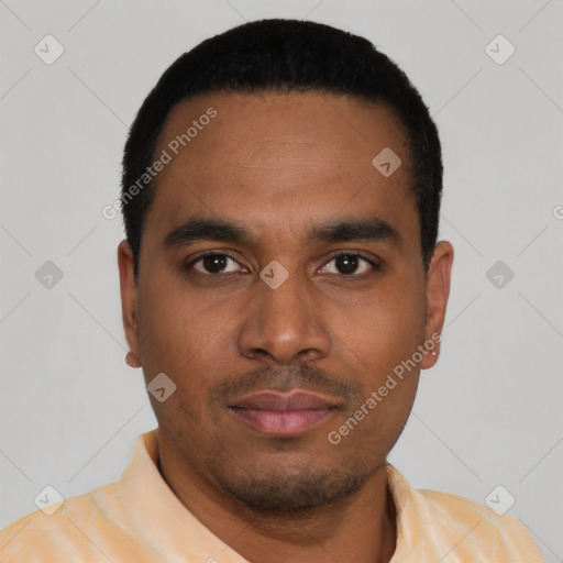 Neutral latino young-adult male with short  black hair and brown eyes
