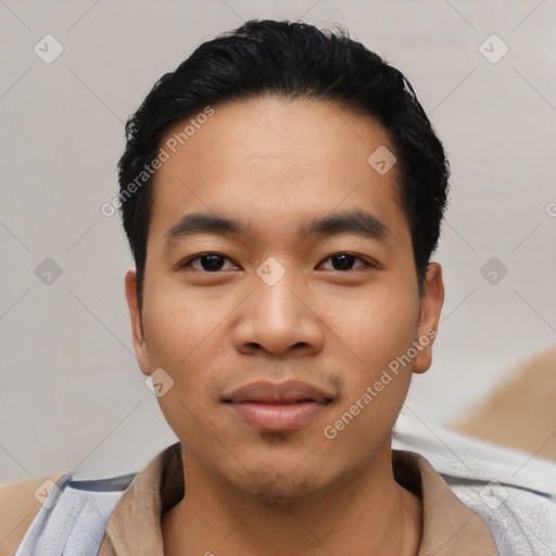 Neutral asian young-adult male with short  black hair and brown eyes