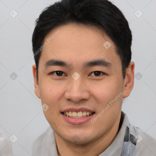 Joyful white young-adult male with short  black hair and brown eyes